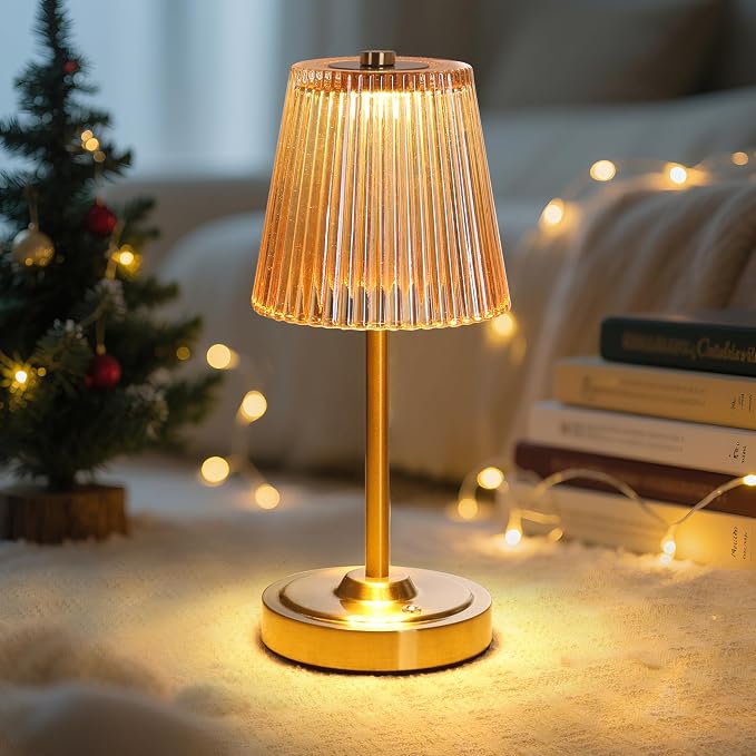Shenmoyl Set of 2 Cordless Touch Table Lamp with 5200mAh Battery - 3 Adjustable Color Temperatures & Dimmable, Rechargeable Lamp for Bedsides, Living Room, Entryway, Bookshelves (Amber Stripe)