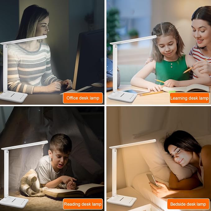 LED Desk Lamp for Office Home, Bright Desk Light with USB Charging Port, Adjustable Dimmable Desk Lamps 5 Modes 5 Brightness, Touch Study Lamp for Nail, Craft, Puzzle, Sewing, Study, White