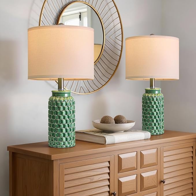 USumkky 20.5" Ceramic Table Lamps Set of 2 - Modern Farmhouse & Boho Style, Bedside Nightstand Lamps for Bedroom, Living Room End Table Lamps, Small Desk Lamp(Green)