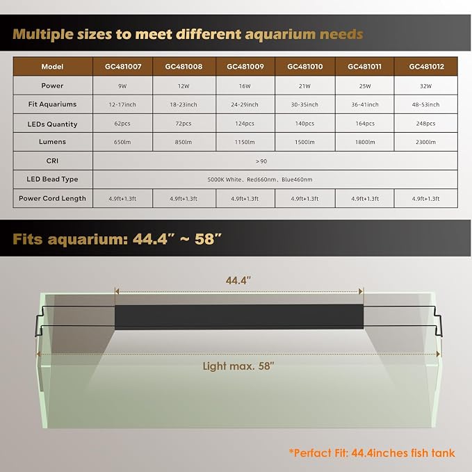 Full Spectrum Freshwater Aquarium Light, Fish Tank Light (48-53in) | LED Fish Tank Light with Auto Timer, Freshwater Planted Aquarium Grow Lights, Brightness Adjustable, Daylight/Moonlight Mode