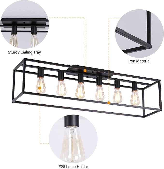 Garwarm 38" Farmhouse Kitchen Ceiling Light, Black Rectangle Flush Mount | 6-Light Farmhouse Dining Room Light Fixture, Industrial Rectangle Chandelier for Low Ceiling Living Room, Bedroom & Entryway