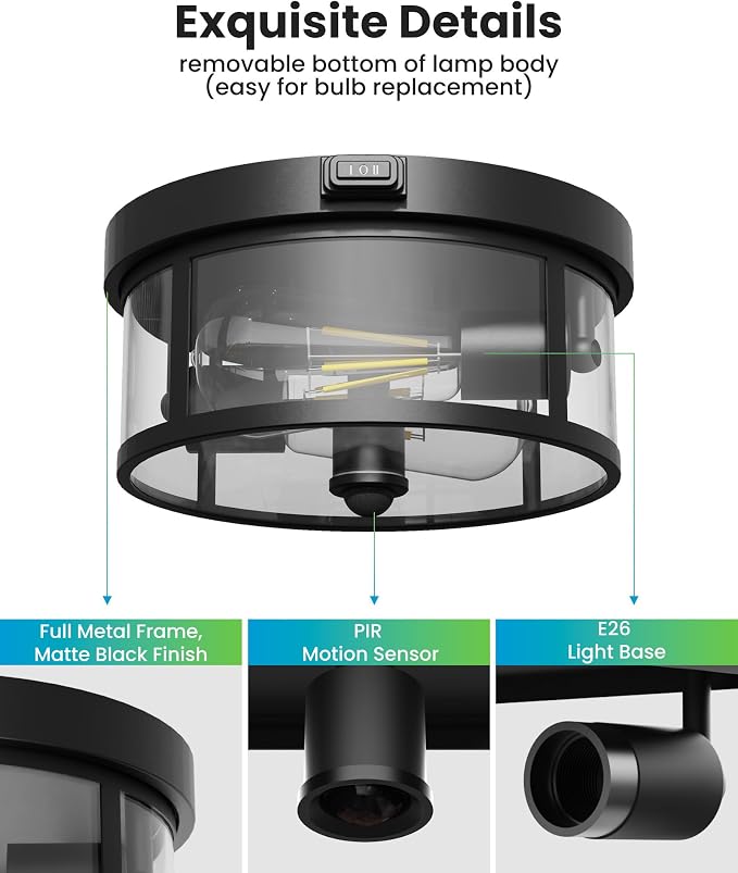 Outdoor Flush Mount Ceiling Light - 12.5in Motion Sensor Porch Light, 2-Light E26 Socket, Durable Iron & Clear Glass, Light Fixtures for Porch, Driveway, Covered Patio, Farmhouse