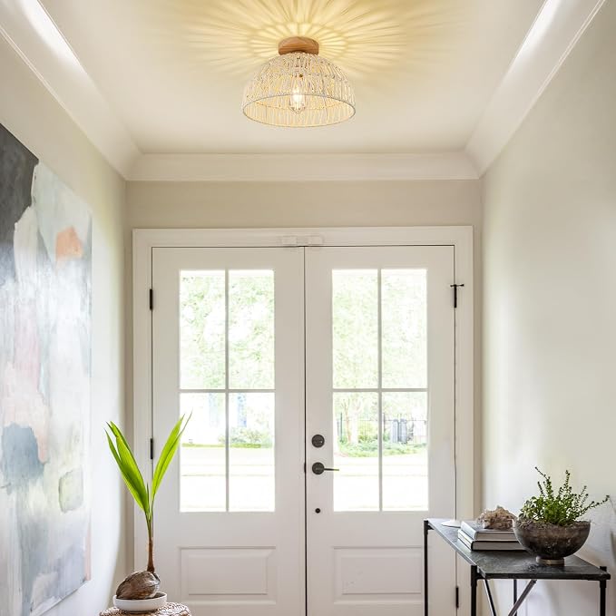 Boho Ceiling Light Fixture Rattan Flush Mount Ceiling Light Bedroom Chandelier Hand-Woven Lamp Shade Wooden Base Small Chandelier Boho Ceilings Lamp for Hallway Nursery Kitchen