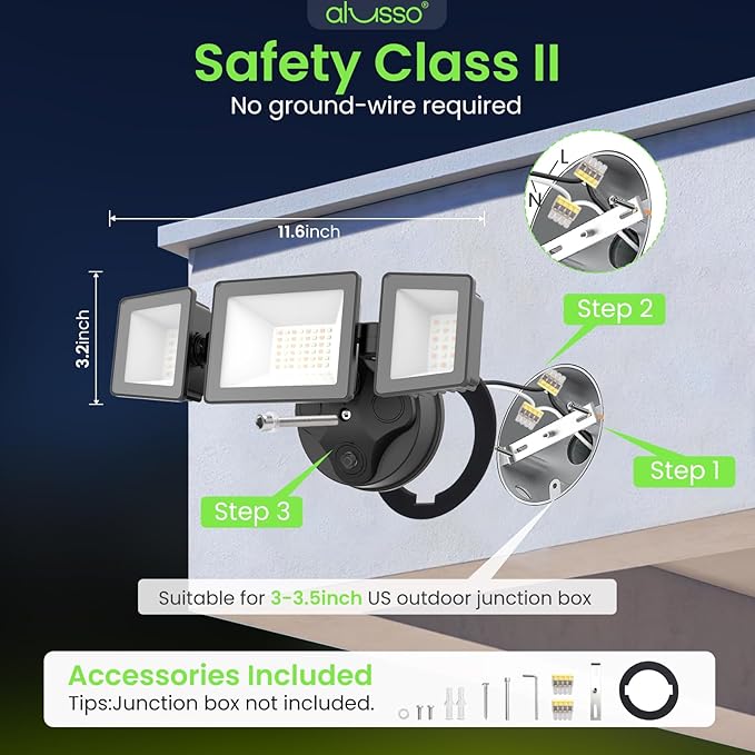 ALUSSO Dusk to Dawn Outdoor Lighting Hardwired(Not Solar), Flood Lights Outdoor 120V 40W 4000LM, 3CCT 3000K/4000K/6000K 3 Heads Security Light for Garage Yard Walkway, ETL, Dusk to Dawn Black, 2pack