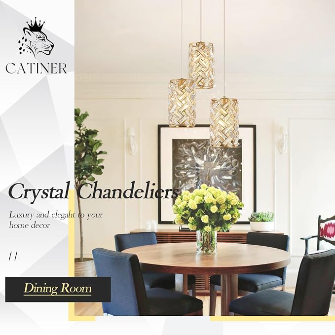Gold Crystal Cluster Pendant Light, 3-Light Kitchen Island Hanging Light | 3-light gold crystal cluster pendant with adjustable height, E26 sockets, dimmable for kitchen islands and dining rooms