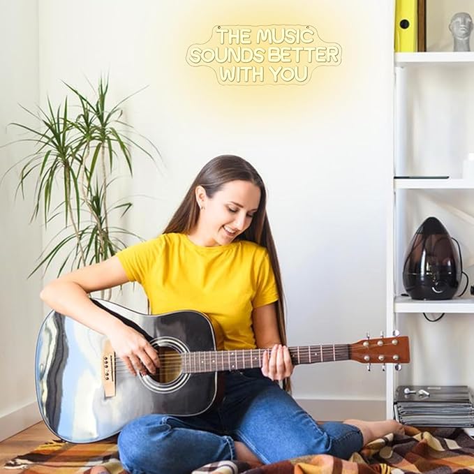 "The Music Sounds Better With You" Neon Sign for Wall Decor White Letter LED Sign for Bedroom Music Studio Record Shop Decoration