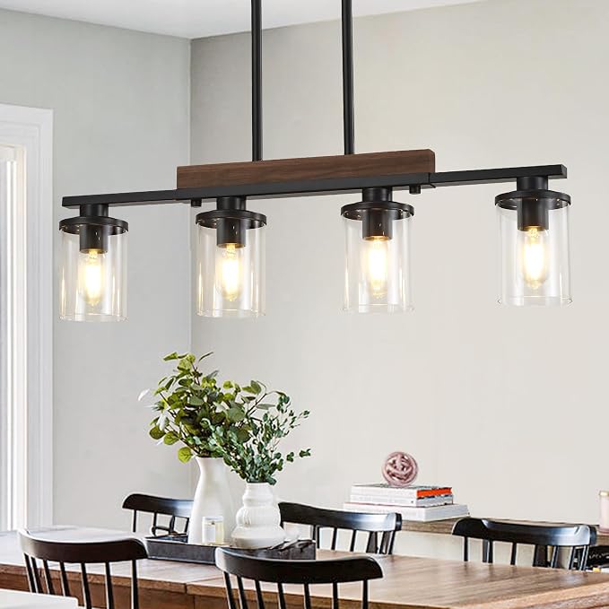 29.3" Farmhouse Dining Room Fixture Over Table, Black Chandelier | 4-Light, Modern Rustic Wood Frame, Adjustable Height, Clear Glass Shade, Ceiling Pendant Lighting for Kitchen Island
