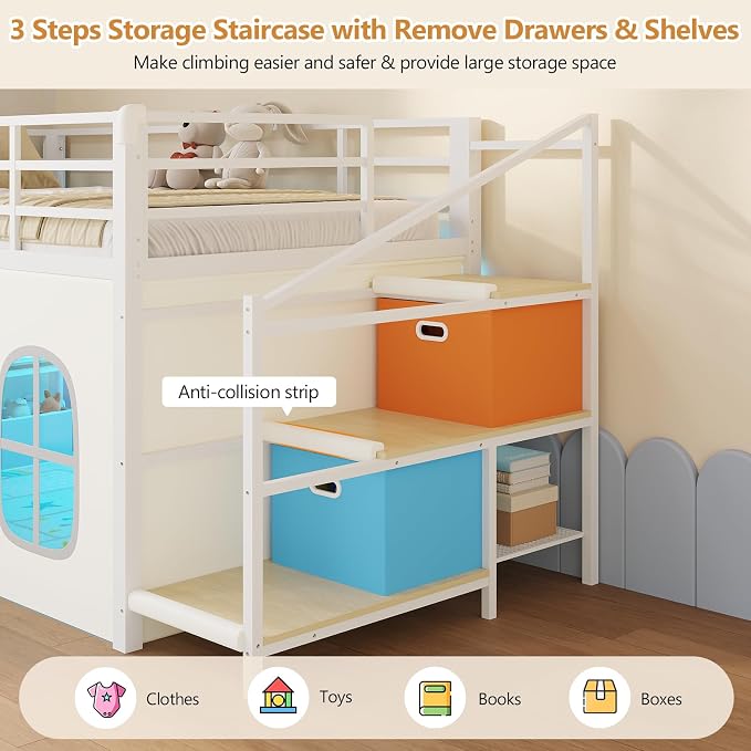 DICTAC Low Loft Bed with Slide,Storage Stairway and Led Lights Metal Twin Size Loft Bed with Under-Bed Play Space,Art Table & Play Curtain Twin Beds with 2 Drawers and 13.8''H Safety Guardrail,White
