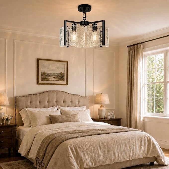 17.7 Inch Black Chandeliers for Dining Room, Adjustable Height | 4-Light Modern Farmhouse Entryway Light Fixture, Glass pendant Lights for Kitchen Island Foyer Bedroom Bathroom