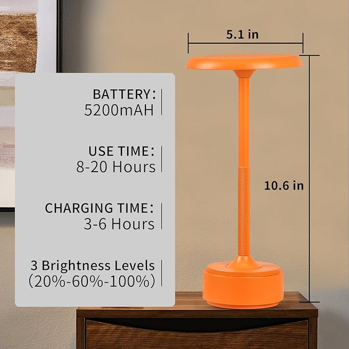 Cordless Rechargeable Modern Metal Table Lamp, Touch Dimming, 3-Color | Orange, 5200mAh Battery, Portable LED Desk Light, Touch Sensor, Suitable for Night Light/Restaurant/Night Stand/Coffee/Bar