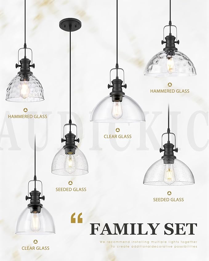 Large Pendant Lights Kitchen Island, 10.5" Farmhouse Black Pendant Lighting with Hammered Glass Shade, Vintage Hanging Light Fixtures for Dining Room Entryway, AD-22151-1PL-BK-H