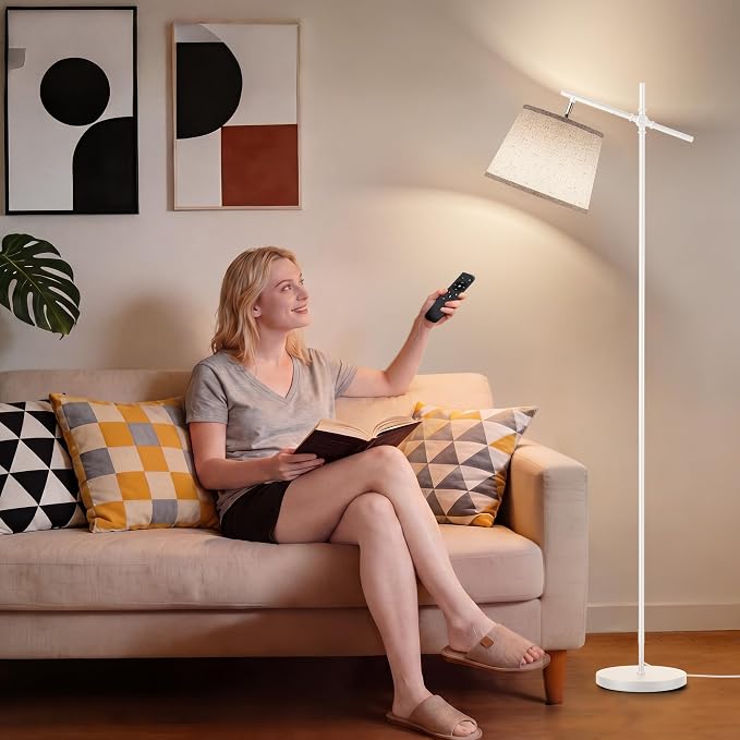 Floor Lamp with Linen Shade, Dimmable Tall Standing Lamp with Remote Control & 3 Color Temperatures Bulb, Modern Swing Arm Floor Lamps for Living Room Bedroom Office Corner