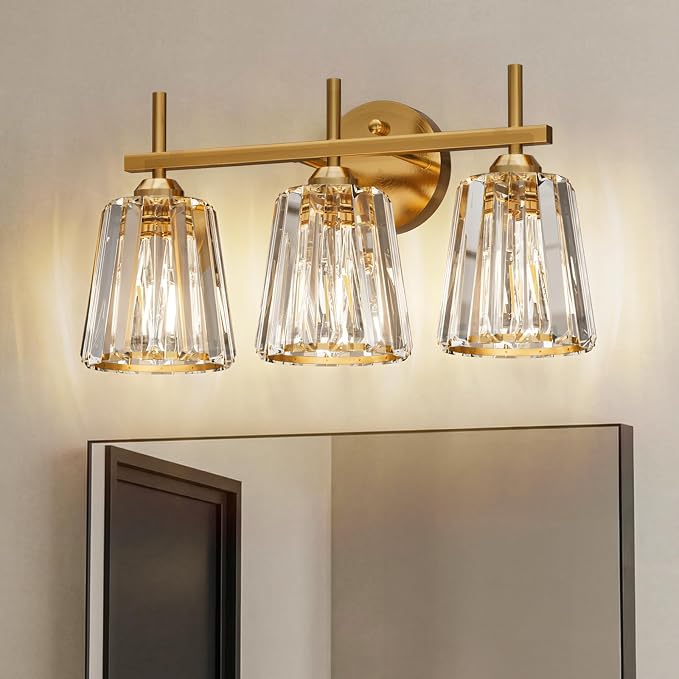 Crystal Bathroom Light Fixtures Over Mirror, Gold 3-Light Bathroom Vanity Lights Over Mirror Modern Wall Lighting Sconces with Ceramic E26 Base (Bulbs Not Include)