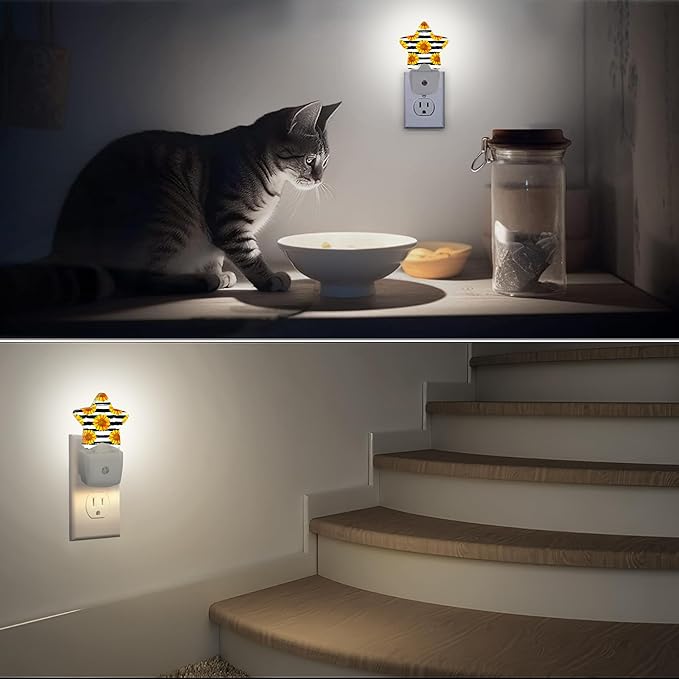 Sunflowers Plug-in Night Light Black White Grid with Dusk-to-Dawn Sensor for Bedroom,Bathroom and Living Room Sleep Friendly lamp for Women/Girls/Boys Gift,0.5W