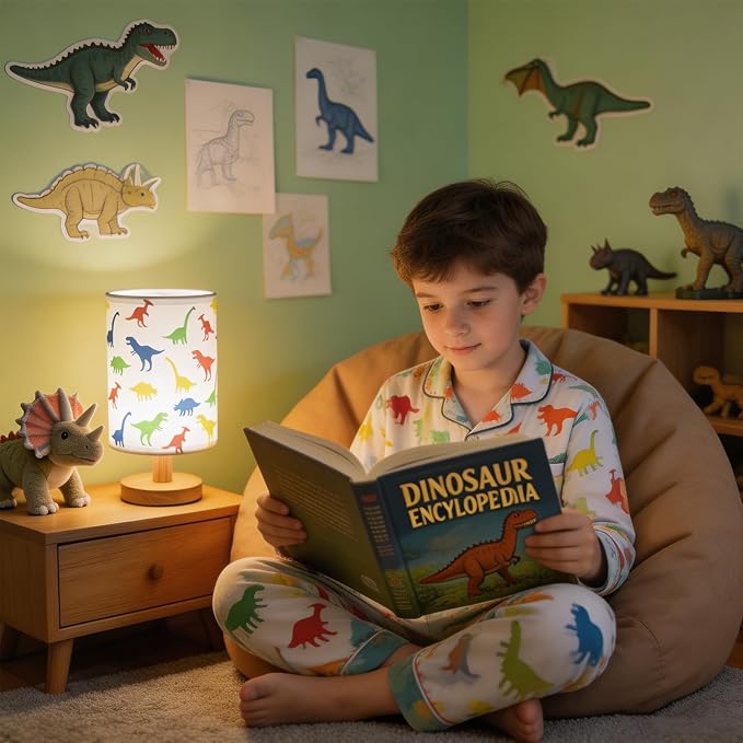 Dinosaur Kids Table Lamp for Bedroom Boys Bedside Lamps,3 Colors Dimmable Dinosaur Nightstand Night Light with Cartoon Lampshade Desk Lamp for Girls Boys Room Nursery Decor Dino Birthday Gifts for Boy