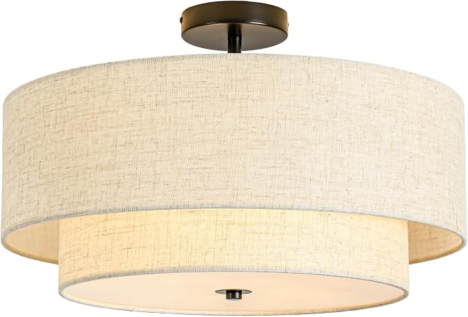 4-Light Semi Flush Mount Ceiling Light, 19.7" Double Drum Ceiling Light | 2-Tier Fabric Linen Shade Design, Modern Style, Black Ceiling Light for Dining Room, Living Room, Bedroom, Hallway, Entryway