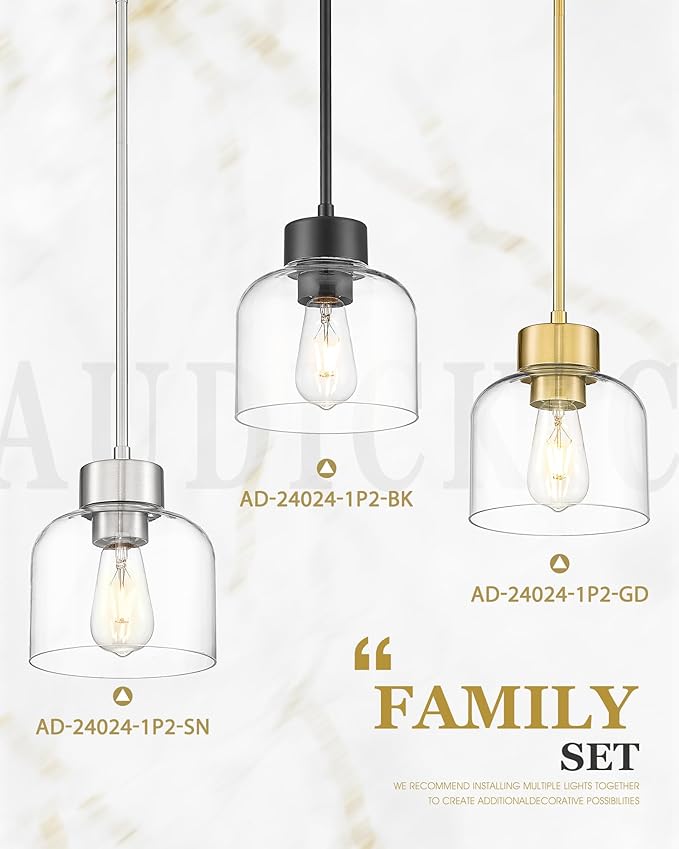 Black Pendant Lights Kitchen Island, 7" Hanging Lights Fixtures with Clear Glass Shade, Modern Kitchen Pendant Lighting Over Island for Dining Room, AD-24024-1P-BK