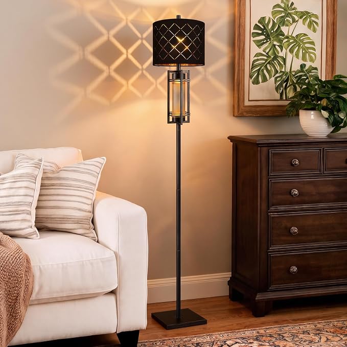 74'' Floor Lamp with Nightlamp, Modern Black Tall Standing Lamp, Metal Base | Gold-Brushed Black Lamp Body, Rotary Switch,Upgraded Model Height,Black Grid Lampshade,Heavy-duty Base,Floor Lamp for Bedroom