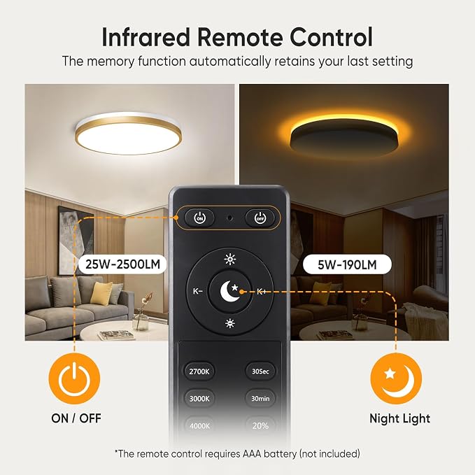 13 Inch Flush Mount Ceiling Light with Remote Control & Night Light, 5CCT Dimmable Ceiling Light Fixture, 25W 2500LM 2700K-6500K Adjustable LED Ceiling Lights for Bedroom Kitchen, White Gold