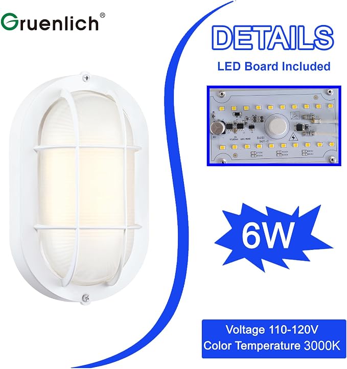 GRUENLICH LED Bulkhead Light Fixture, Aluminum Outdoor Wall Lantern, 8.5" | Oval Exterior Porch Light Wall Sconce for House Walkway Nautical Sauna, Dimmable 6W 600 Lumen, Glass, 3000K, White, 2 Pack