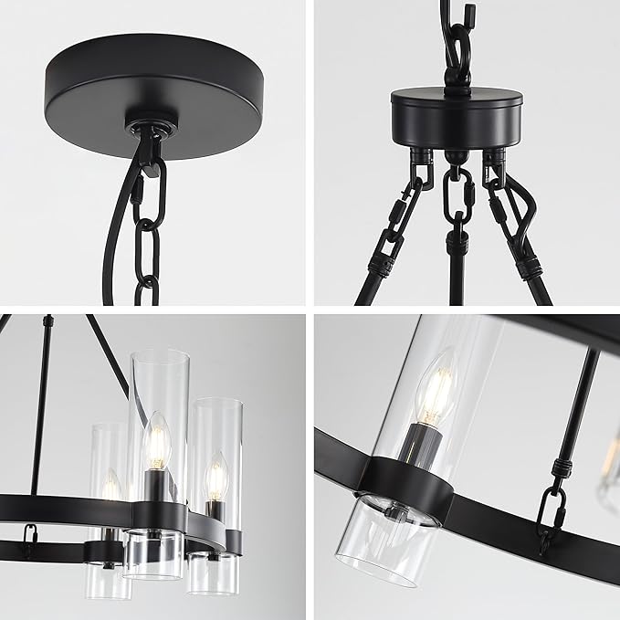 22 Inch Black Wagon Wheel Chandelier with Glass Shade, 6 Lights, Modern Farmhouse Style, Ideal for Dining Room, Kitchen, Entryways