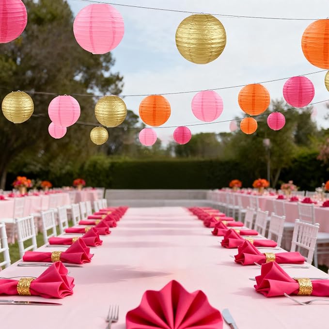 Pink Orange Gold Paper Lanterns Party Decorations, Round Hanging Paper Lanterns for Wedding Birthday Home Classroom Party Supplies (12 PCS)
