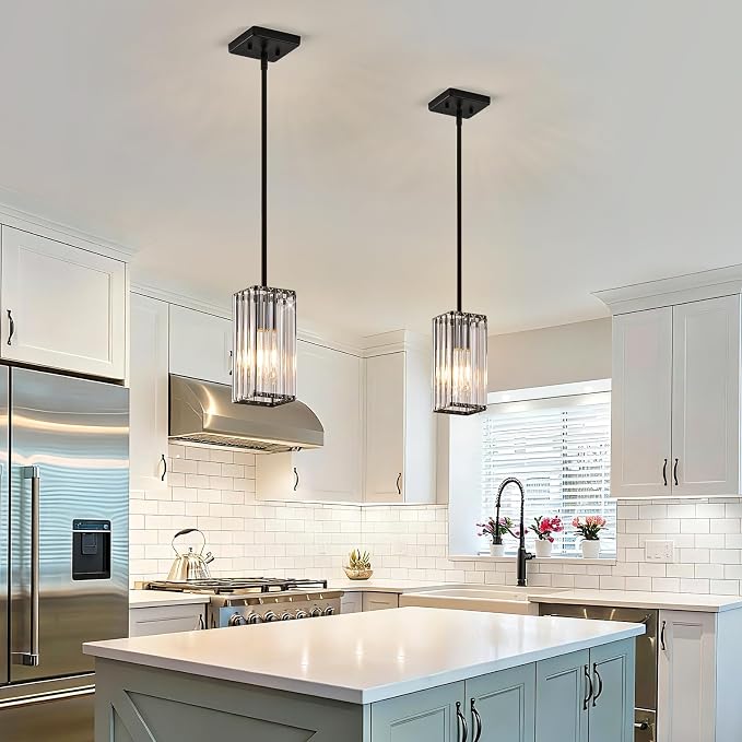 Modern Crystal Pendant Lights Kitchen Island, 2-Pack Black Hanging Light with Crystal Shade, Adjustable Height Pendant Lighting for Kitchen Island Dining Room Bedroom Bar Entryway