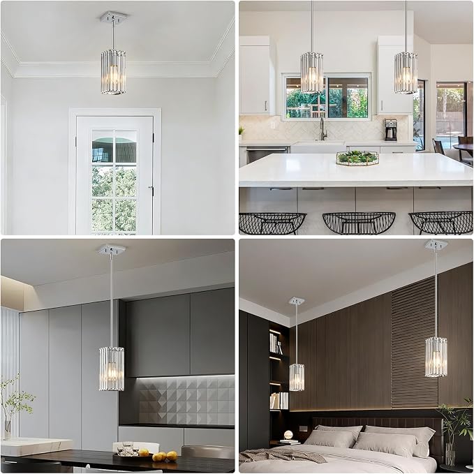 Modern Crystal Pendant Lights Kitchen Island, 1-Light Chrome Hanging Light with Clear Crystal Shade, Adjustable Height Pendant Lighting for Kitchen Island Dining Room Bedroom Bar Entryway