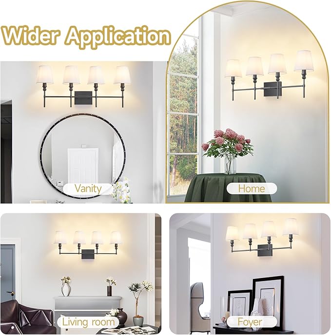 Black Bathroom Vanity Light 4 Light,32.3In Vintage Bathroom Light Fixtures Over Mirror,Hardwired Vanity Wall Sconce with Flared White Fabric Lampshade for Bedroom,Living Room,Foyer,E12 Base