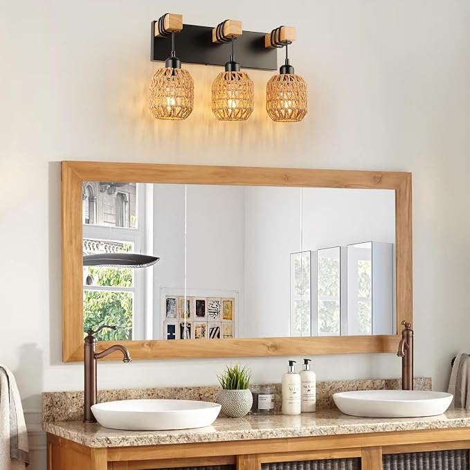 foucasal Bathroom Vanity Light Fixtures, 3-Light Farmhouse Bathroom Light | Light Fixtures Over Mirror, Rustic Boho Wood Sconces Wall Lighting with Woven Lampshade for Living Room, Bedroom, Hallway