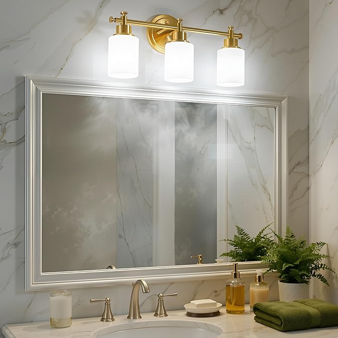 3-Light Bathroom Vanity Light, Brushed Gold Vanity Lights for Bathroom, Modern Champagne Gold Wall Sconce with White Glass Shades, Anti-Rust Light Fixtures over Mirror (Bulbs Not Included, E26 Base)