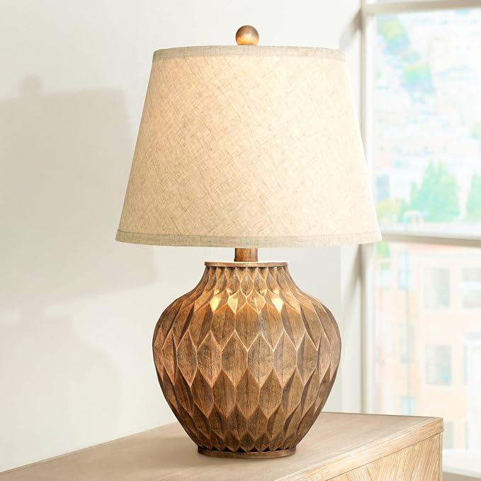Buckhead 22" High Table Lamp Warm Bronze Brown Accent Geometric Urn | Sculptural Textured Modern Bedroom Living Room House Home Bedside Nightstand Office Tapered Drum Shade