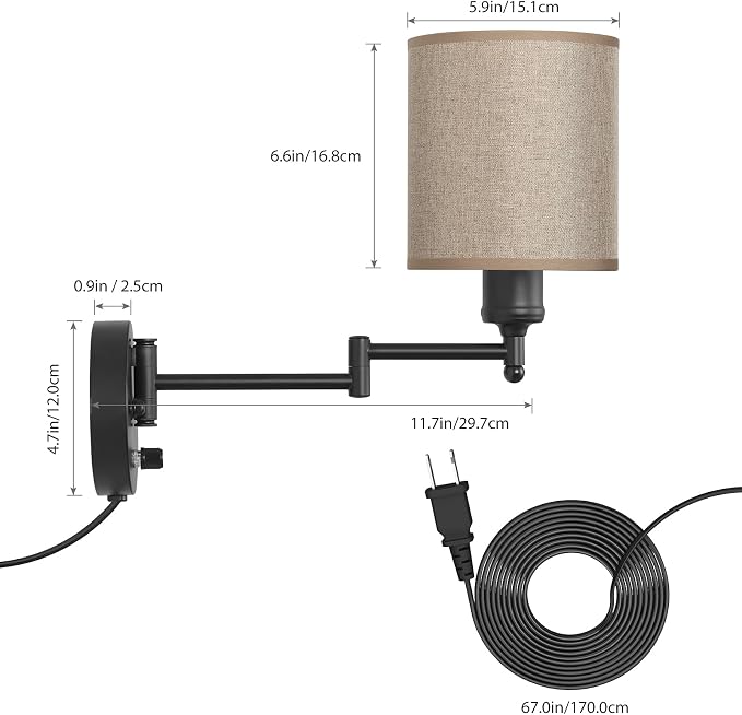CADUKE Wall Lamps Plug in, Swing Arm Wall Sconce Set of 2 | Light Brown Lampshade, Modern Bedroom Wall Lights Fixtures, Bedside Wall Reading Lights