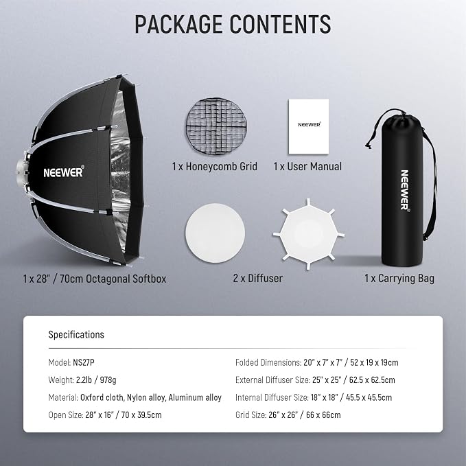 NEEWER 28"/70cm Octagonal Softbox, Quick Release Bowens Mount Softbox with Honeycomb Grid, Light Diffusers, Bag for RGB CB60 CB60B CB200B MS60B MS60C MS150B S101-300W/400W Pro Vision 4 Q4, NS27P