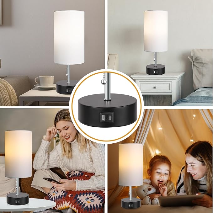 ROTTOGOON 3-Color Temperature Bedside Lamp Nightstand Lamp with USB A Port and C Port, Table Lamp for Bedroom with LED Bulb Small Lamps for Living Room (White)