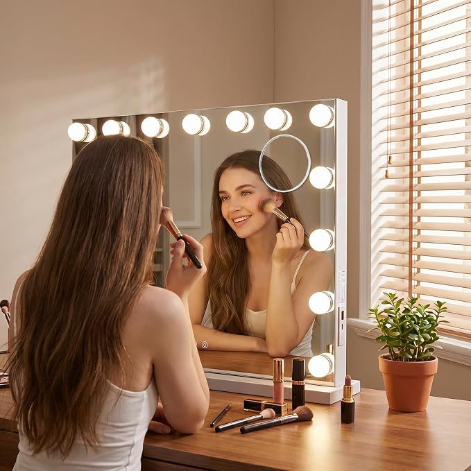 Hollywood Vanity Mirror with Lights, 22.1"x18.1" Hollywood Mirror with 10X Magnification, 15 Dimmable LED Bulbs & 3 Color Lighting Modes Desk Wall-Mounted Makeup Vanity Mirror