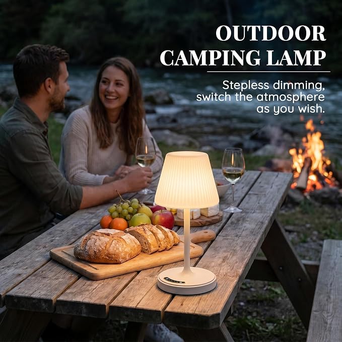 Waterproof Shower Lamp Outdoor Cordless Table Lamp, 3 Color Dimmable -White | touch dimmable, weighted base, bathroom shower light, patio dinner, RV camping, charge your phones, memory night light