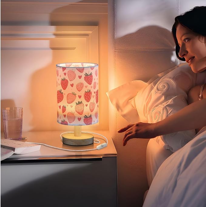 Watercolor Hand Draw Strawberries and Hearts Doodle Bedside Table Lamps with USB Port for Bedroom Lamp Table Lamp Small Nightstand Lamp Linen Shade Decorative Lamps for Home Room Kids Reading Nursery