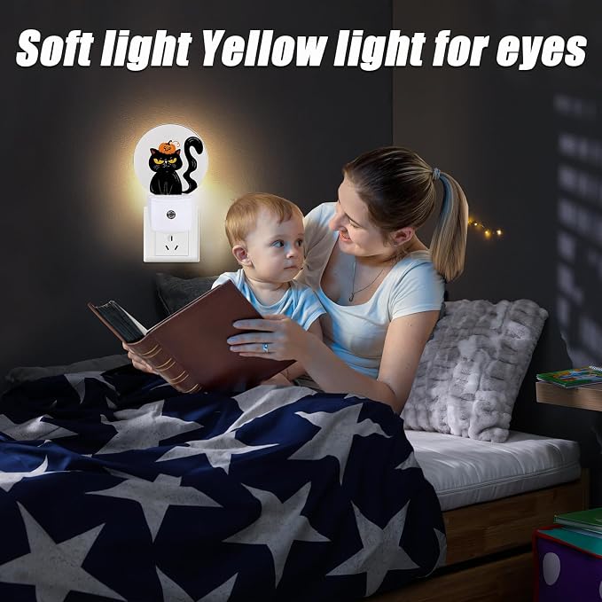 Black Cat Night Light,Halloween Pumpkins Nightlight Plug into Wall LED Lamp Auto Sensor Dusk to Dawn for Bedrooms/Kitchens/Toilets/Corridors,Energy-Saving