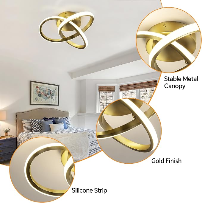 10 Inch Modern Ceiling Light, 24W LED Dimmable Ceiling Light with Remote Control, 3000-6000K Color Temperature Adjustable, Gold Small Chandelier for Bedroom, Entryway, Hallway, Kitchen