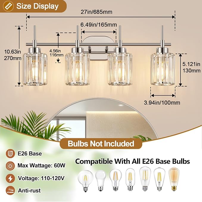 Modern K9 Crystal Bathroom Vanity Light Fixtures, 4-Light Chrome Vanity Lighting Over Mirror, Clear Crystal Shades, Modern Bathroom Light for Bedroom Living Room Hallway Dressing Room