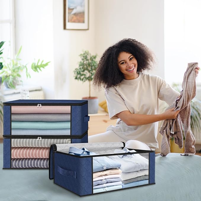 HomeHacks 3-Pack Clothes Organizer Storage Bags, 35L Storage Bins, Blue | Foldable Storage Box Container with Zippers, Clear Window, Reinforced Handles for Closet, Dorm, Pillows, Bedding, Sweater