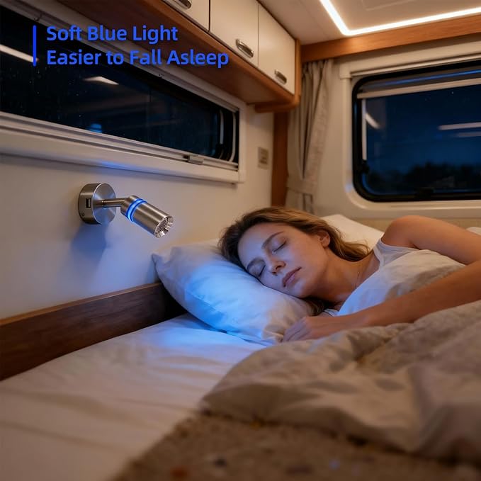THALASSA 12V Interior LED RV Reading Lamp with 5V USB Port - Built-in Touch Switch, Dimmable Brightness, Surface Mounted on Wall Headboard of Boat Camper Van Travel Trailer Truck Cars Interior Light