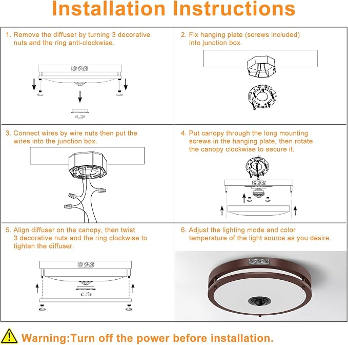 12" LED Motion Sensor Outdoor Ceiling Light Porch Lamp, 5CCT, 24W | Dusk to Dawn, 2700K/3000K/3500K/4000K/5000K Dimmable, 4 Lighting Modes, Flush Mount Ceiling Light for Entryway, Brown