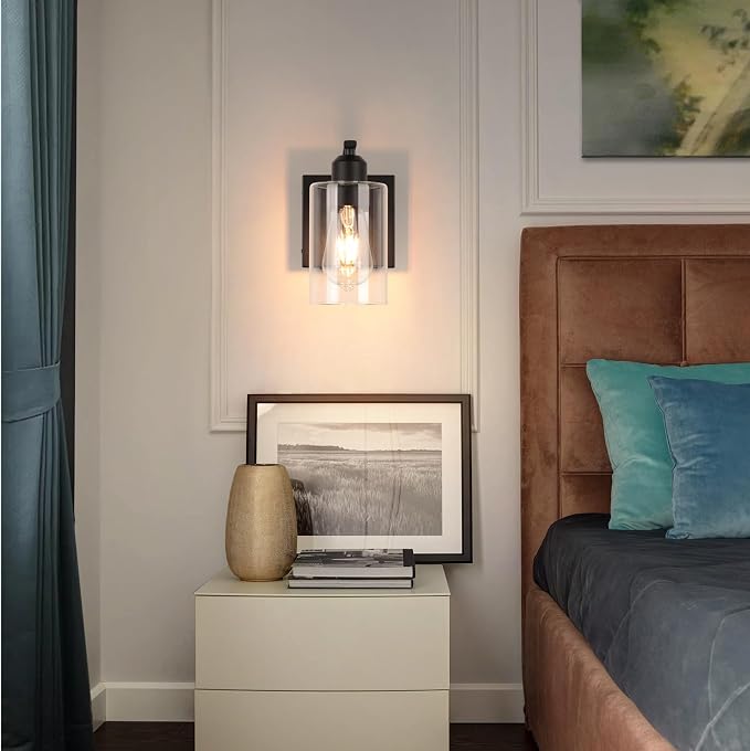 BELS 8 Inch Battery Operated Wall Sconces Set of 2, Farmhouse Wall Lights Fixture with Clear Glass, 4000K, Remote Control, Dimmable, Black Wall Sconces for Mirror, Bathroom, Bedroom