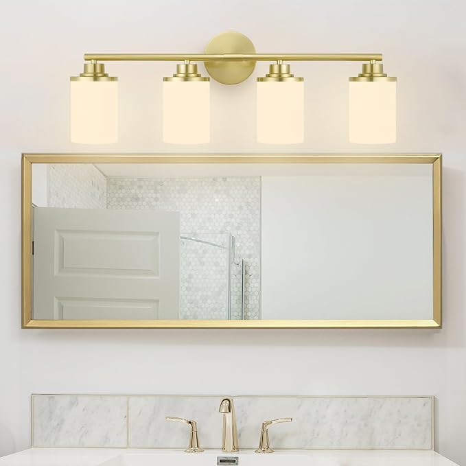 Modern 4-Light Vanity Light Fixtures with Frosted Glass, Brushed Gold Bathroom Sconces Over Mirror
