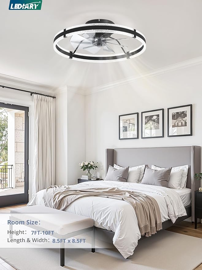 LEDIARY 24'' Modern Low Profile Ceiling Fans with Lights and Remote, Black | 3000-6000K Dimmable LED, 6 Wind Speeds, Quiet Reversible DC Motor, Small Flush Mount Fandelier for Bedroom, Living Room