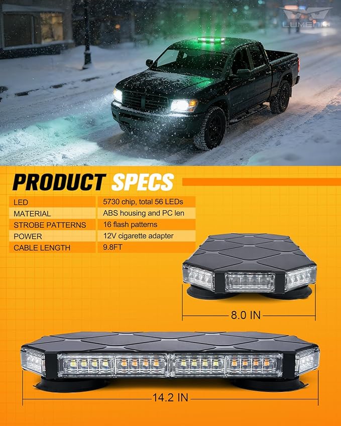 LUMENIX 56 LED Magnetic Roof Top Strobe Light Bar, Low Profile Hazard Warning Flashing Light for Service Vehicles, Utility Trucks, Security Support, Private Property Use – White Green