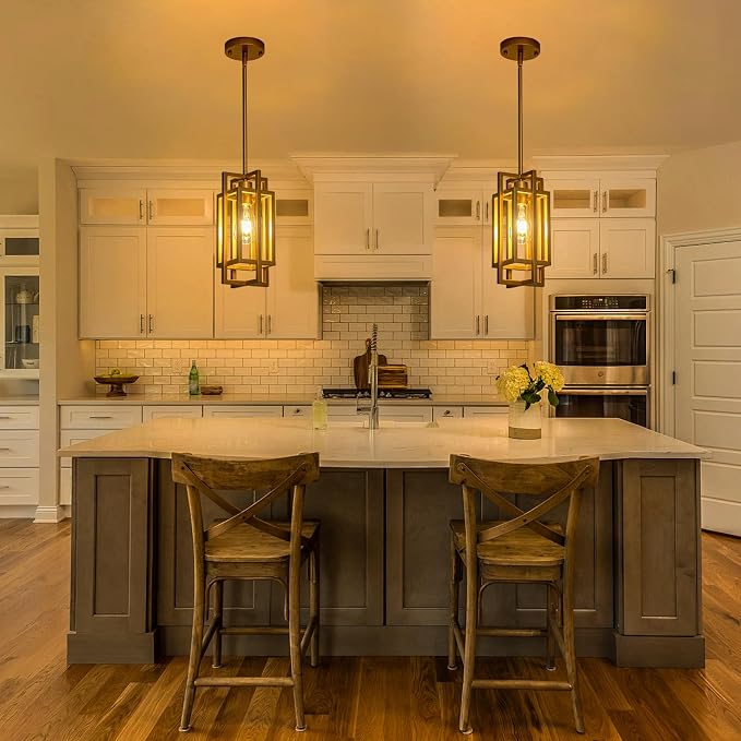 Modern Pendant Light Fixtures 2 Pack 1 Light, Gold Finish Cage Farmhouse Pendant Lights with Max 59'' Adjustable, Small Square Pendant Ceiling Hanging Light for Kitchen Island Dining Room Entryway