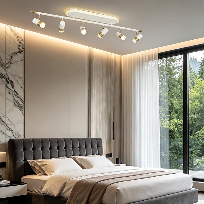 Jaycomey 6-Light LED Track Lighting Fixtures Ceiling, 60W Dimmable Track Light with Remote, 3000K-6500K Adjustable Ceiling Spotlights, 51in White Gold Ceiling Light Fixture for Kitchen Living Room